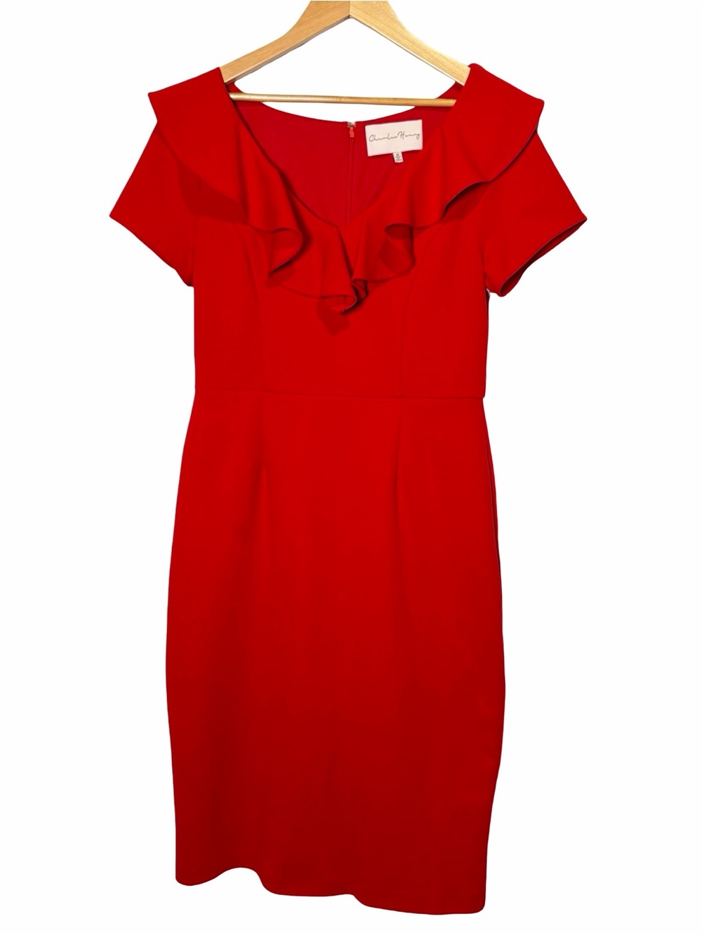 Charles Henry Ruffle-Trim Midi Dress in Red, Size M